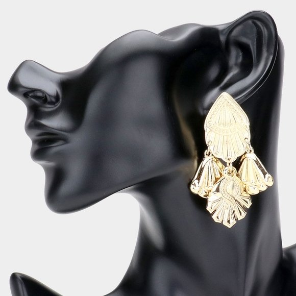 Gold Dangle Earrings 2.5" Abstract Metal Drop Statement Jewelry - Picture 1 of 2